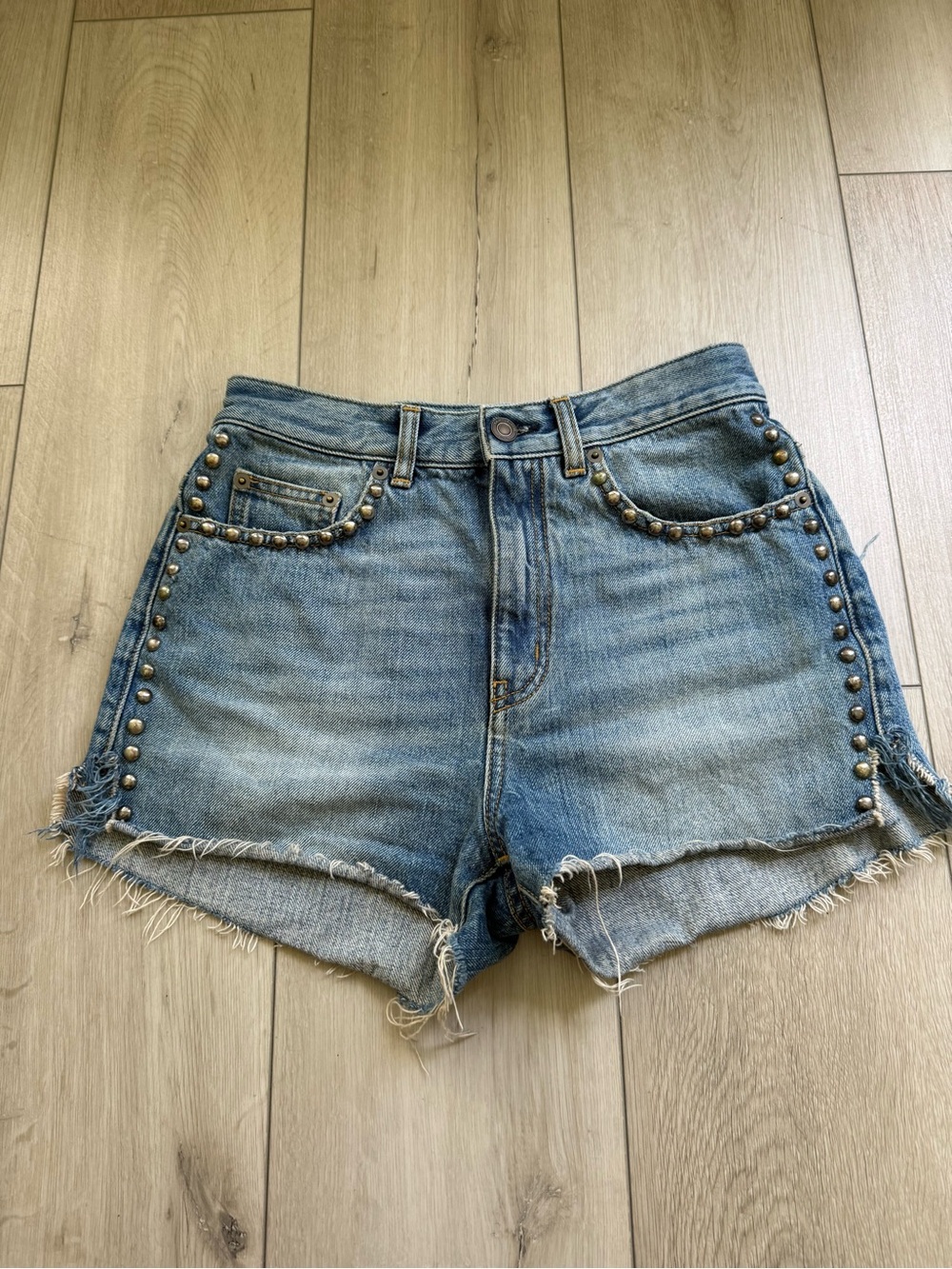 Saint Laurent Authentic Light Blue Studded Denim Cutoff Shorts. Fits Size 25
